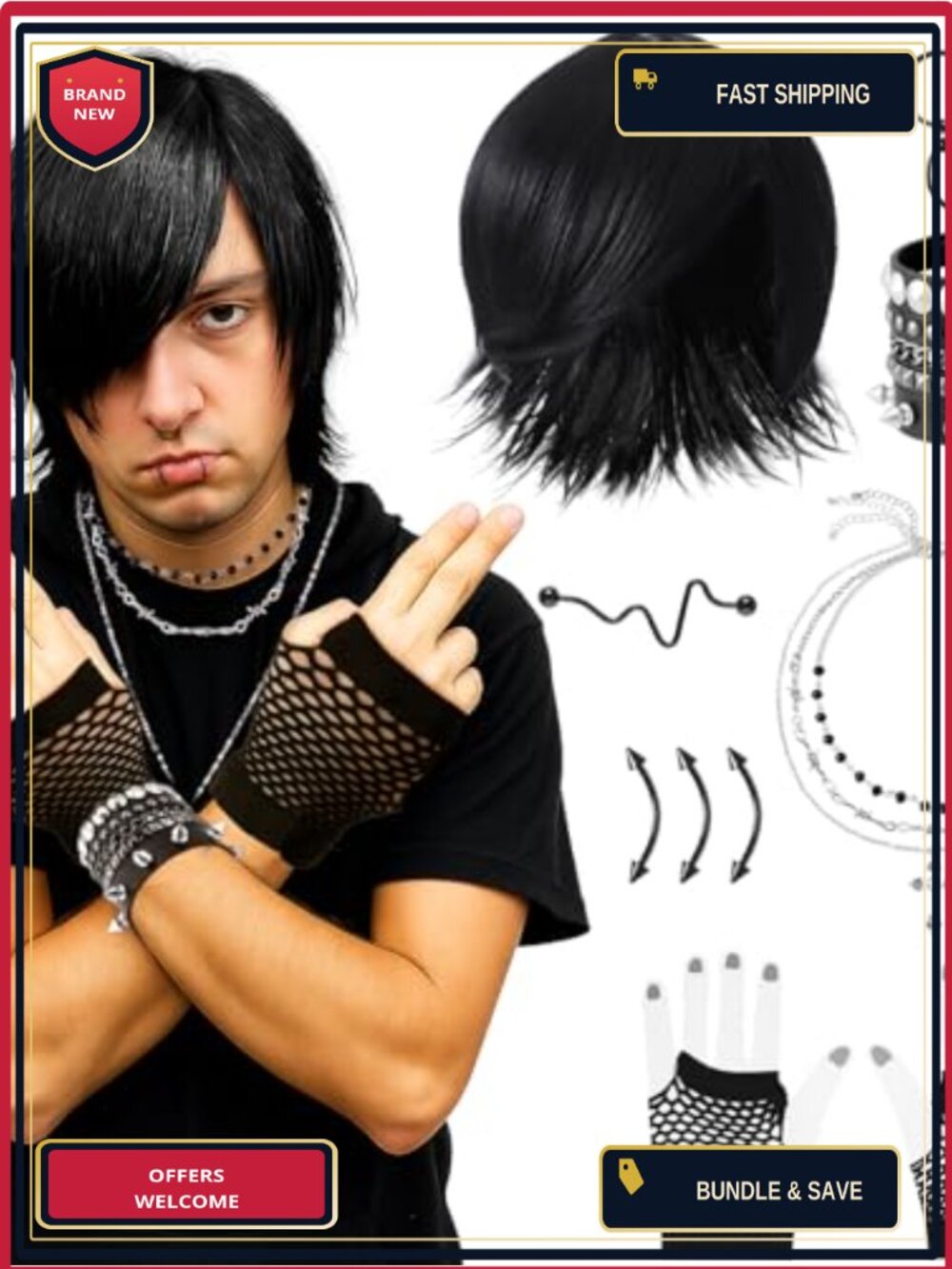 13-Piece Emo Costume Set Heat Resistant Wig Fishnet Gloves Punk Accessories